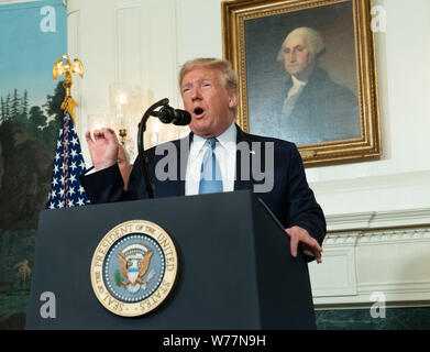 Washington, Stati Uniti d'America. 05 Ago, 2019. Il Presidente degli Stati Uniti, Trump fa una dichiarazione presso la Casa Bianca di Washington, DC in risposta a due distinti incidenti di tiro, 5 agosto 2019. Credito: Chris Kleponis/Piscina via CNP | Utilizzo di credito in tutto il mondo: dpa/Alamy Live News Foto Stock