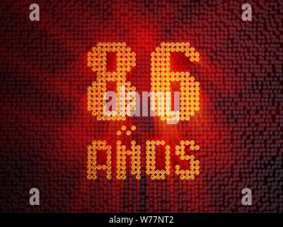 Iscrizione in spagnolo. numero aureo ottantasei anni (numero 86 anni) font tratteggiata, vista dall'alto, con i raggi di luce. Traduzione dallo spagnolo - anni. Foto Stock