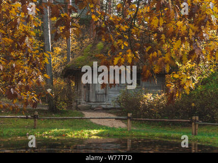 Autunno scena di lettone di legno tradizionale bath house nell'Open-Air etnografico museo della Lettonia. Foto Stock