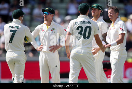 Australia Peter Siddle (destra) Guarda il suo riesame contro l'Inghilterra del Joe Root rovesciato durante il giorno cinque delle ceneri Test match a Edgbaston, Birmingham. Foto Stock