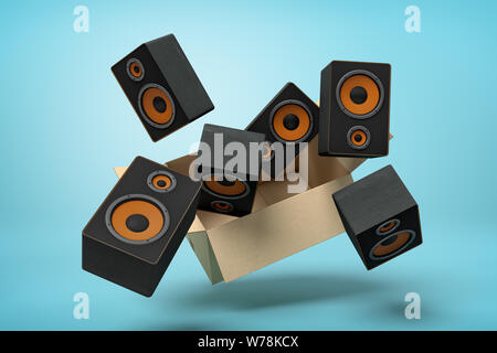 3D rendering di scatola di cartone in aria piena di nero gli altoparlanti audio che sono battenti fuori e galleggiante esterno su sfondo blu. Apparecchiature audio. Giovenco Foto Stock