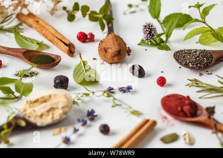 Superfoods: polvere di maca, polvere di barbabietola, chia e la canapa, spirulina in cucchiai di legno su uno sfondo bianco. Mangiare sano concetto. Foto Stock