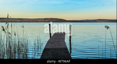 Pontile a lago Plauer See idillico paesaggio Foto Stock