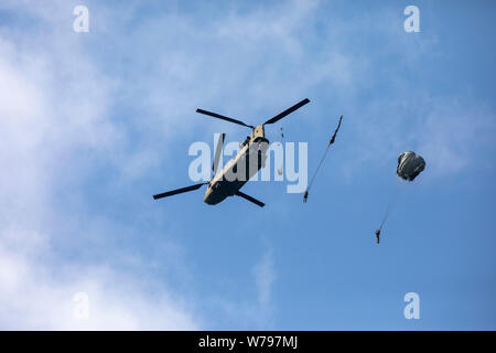 Un gruppo di Stati Uniti Paracadutisti dell'esercito e i paracadutisti internazionale di competere in un paracadute internazionale di concorrenza che esce fuori un CH-47 elicottero Chinook usando un MC-6 paracadute sul Castello zona di caduta durante Leapfest 2019 a West Kingston, RI., 5 agosto 2019. Leapfest è il più grande e il più lungo in piedi, international static line parachute evento di formazione e competizione ospitata dalla 56th squadrone comando, Rhode Island esercito Guardia Nazionale per promuovere tecniche di alto livello e formazione esprit de corps entro il International Airborne comunità. (U.S. Esercito foto di Sgt. Sgt. Rafael DiCristina) Foto Stock