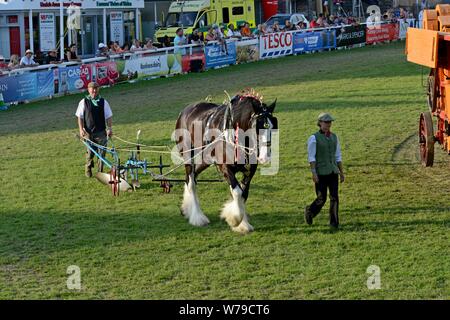 Gli artisti interpreti o esecutori e vintage machinery in un display e performance di danza per celebrare i 100 anni del Royal Welsh Show 2019, Builth Wells Foto Stock