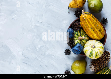 La Giornata del ringraziamento la composizione di frutta e verdura su sfondo grigio. Autumn harvest concetto. Zucche, pere, prugne, mele sul tavolo, vista dall'alto, Foto Stock