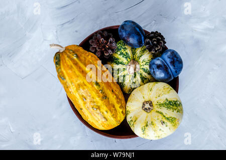 La Giornata del ringraziamento la composizione di frutta e verdura su sfondo grigio. Autumn harvest concetto. Zucche, pere, prugne, mele sul tavolo, vista dall'alto, Foto Stock