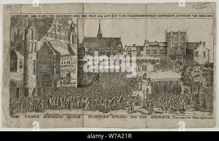 De onthoofding van Johan van Oldenbarnevelt op het Binnenhof te 's-Gravenhage op 13 mei 1619. Gezicht op het plein met alle omringende gebouwen en het publiek verzamelde. In de toren rechtsb, Foto Stock