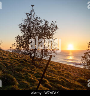 Buon sole del mattino. Sunrise sopra l'Oceano Pacifico, guardando attraverso il mare, l'orizzonte e il sorgere di oro orano sole, gettare ombre attraverso la collina. Foto Stock