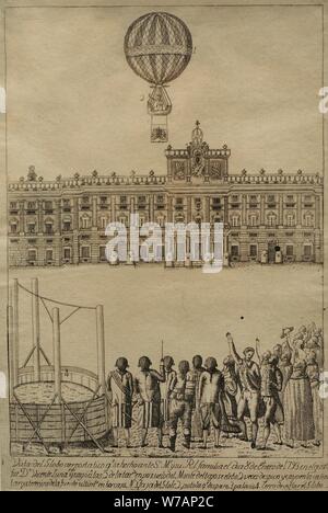 Historia del Transporte aéreo. Siglo XVIII. Aerostática Prueba realizada por Vicente Lunardi ante el Rey Carlos IV y toda la familia real, el 8 de enero de 1793. Aguafuerte sobre papel. Museo de Historia. Madrid. España. Foto Stock