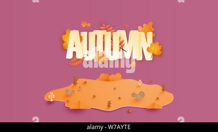 La calligrafia con la stagione autunnale e foglie di carta tagliato stile. Design per poster, volantini, brochure, banner, coperchio, sfondo, modello per pubblicità. Illustrazione Vettoriale