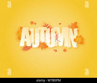 La calligrafia con foglie di autunno stagione in carta tagliata stile. Design per poster, volantini, brochure, banner, coperchio, sfondo, modello per pubblicità. Illustrazione Vettoriale