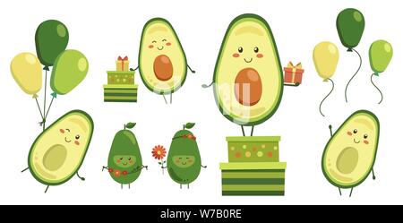 Collezione diversificata di vettore carino sorridente eroi di avocado isolato su bianco. Set di caratteri di frutta con battenti giallo verde palloncini, doni in scatole Illustrazione Vettoriale