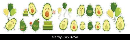 Grande di adesivi di vettore carino sorridente avocado eroi isolati su sfondo bianco. Raccolta di caratteri di frutta con battenti giallo verde palloncini Illustrazione Vettoriale