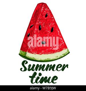 Anguria di frutta, il logo, il testo calligrafico disegnati a mano illustrazione vettoriale disegno realistico colore Illustrazione Vettoriale
