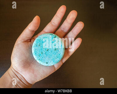 Mano che tiene un Shampoo blu bar prima di utilizzare nella doccia versione 2 Foto Stock