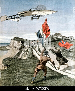 Louis Bleriot (1872-1936), francese aviatore, volare sopra le scogliere di Dover, 1909. Artista: sconosciuto Foto Stock