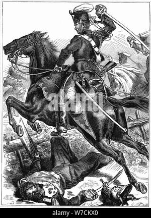 Ussaro prussiano la carica con la spada sguainata in mano, guerra franco-prussiana 1870-1871. Artista: sconosciuto Foto Stock