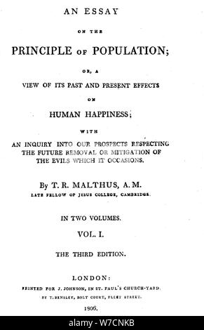 Titolo pagina del Saggio sul principio della popolazione di Thomas Malthus, 1806. Artista: Thomas Malthus Foto Stock