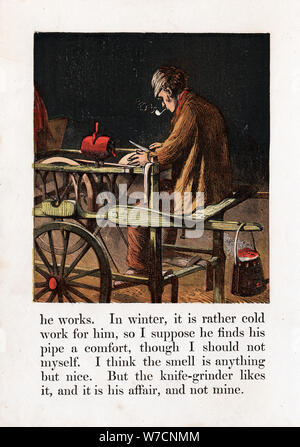 Itinerante arrotino affilatura di una lama ruotando un grindwheel con una pedana, c1867. Artista: sconosciuto Foto Stock