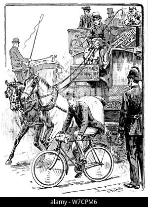 Ciclista nella trafficata e traffico di Londra in sella a una macchina di Rover tipo di sicurezza, 1895. Artista: Stephen T Dadd Foto Stock