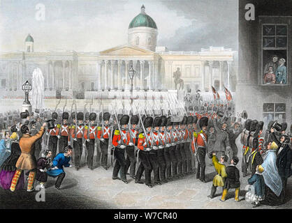 I soldati britannici in partenza per la guerra di Crimea (Russo-Turkish Guerra) 1853-1856, (c1860). Artista: sconosciuto Foto Stock