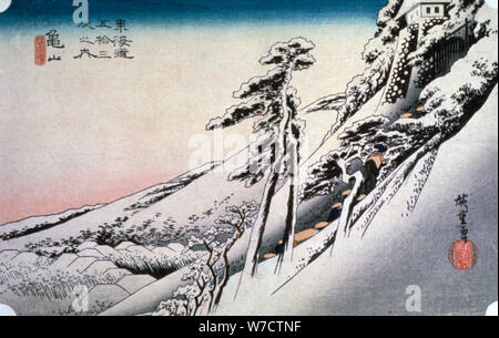 'Tempo chiaro dopo la neve a Kameyama', da 53 stazioni della linea Tokaido, 1832. Artista: Ando Hiroshige Foto Stock