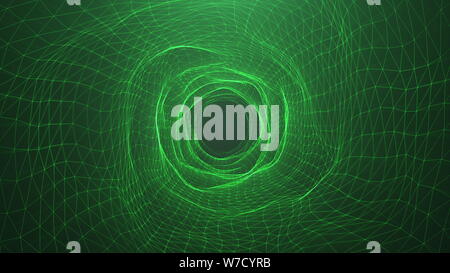 Abstract digital wormhole, tunnel verde costituito da particelle di spumanti e linee. Attraverso la rete digitale bella blu particelle. Viaggio thr Foto Stock