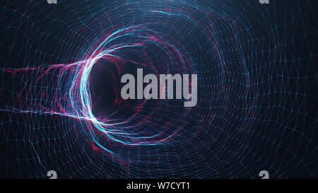 Abstract digital wormhole, tunnel consistente blu e rosso spumante di particelle e linee. Attraverso la rete digitale bella blu e rosso particl Foto Stock