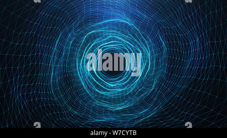 Abstract digital wormhole, tunnel costituito da scintillanti di particelle e linee. Attraverso la rete digitale bella blu particelle. Viaggio per montaggio passante Foto Stock