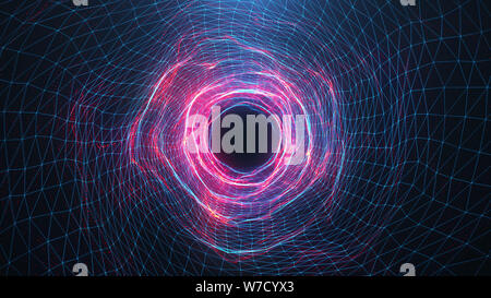 Abstract digital wormhole, tunnel consistente blu e rosso spumante di particelle e linee. Attraverso la rete digitale bella blu e rosso particl Foto Stock