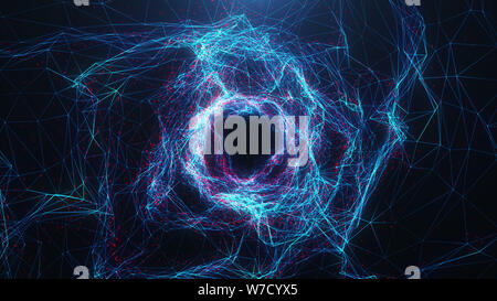 Abstract digital wormhole, tunnel consistente blu e rosso spumante di particelle e linee. Attraverso la rete digitale bella blu e rosso particl Foto Stock