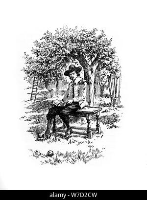 Sir Isaac Newton sotto il melo, (XX secolo). Artista: sconosciuto Foto Stock