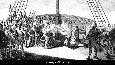 Il tiro di Ammiraglio Byng sul bordo del 'Monarque', 1757. Artista: sconosciuto Foto Stock