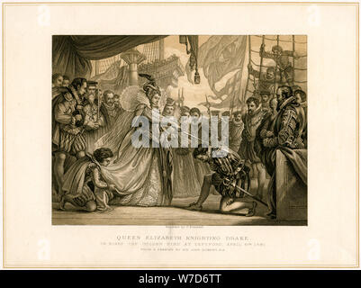 "Queen Elizabeth Knighting Drake a bordo della Golden Hind..., 4 Aprile 1581', (xix secolo). Artista: F Fraenkel Foto Stock