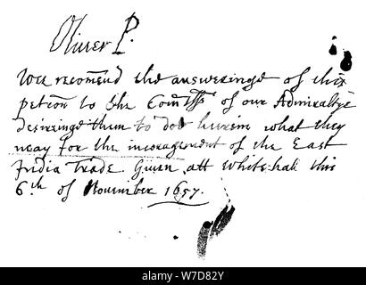 Nota autografa di Oliver Cromwell a una petizione della East India Company, novembre 1657, (1893). Artista: sconosciuto Foto Stock