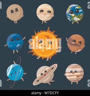 Cartoon Sun con i pianeti del Sistema Solare su sfondo scuro, illustrazione vettoriale Illustrazione Vettoriale