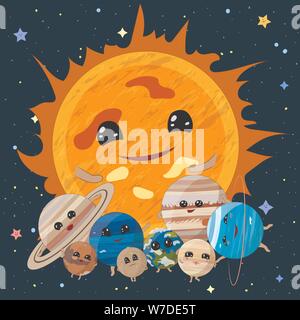 Cartoon Sun con i pianeti del Sistema Solare su sfondo spazio, illustrazione vettoriale Illustrazione Vettoriale