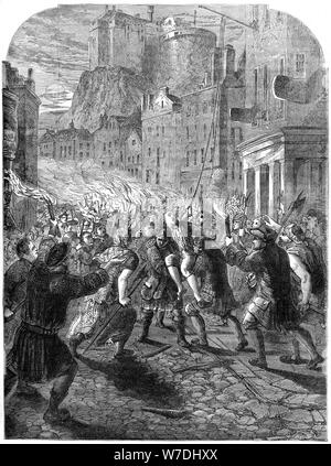 Una folla che trasportano il capitano John Porteous per la sua esecuzione, Edimburgo, 1736 (XIX secolo). Artista: sconosciuto Foto Stock