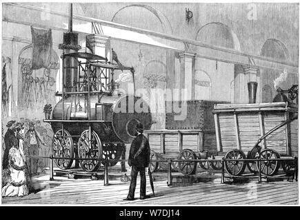 'Cammina', la prima locomotiva a vapore, al giubileo ferroviario, Darlington, Durham, xix secolo. Artista: sconosciuto Foto Stock