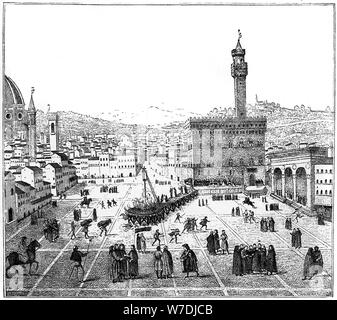 L'esecuzione di Girolamo Savonarola in Piazza della Signoria, Firenze, 1882. Artista: sconosciuto Foto Stock