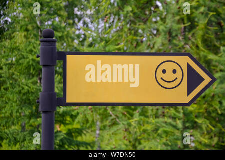 Cartello giallo con un sorriso sulla strada. La freccia mostra. mock-up Foto Stock
