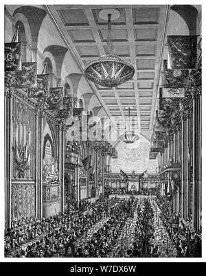 Banchetto nella Grande Sala della Regina Vittoria, la Guildhall, City of London, novembre 1837 (1886). Artista: sconosciuto Foto Stock