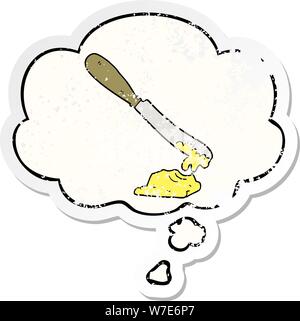Cartoon spalmatura a coltello burro con bolle di pensiero come un distressed adesivo usurati Illustrazione Vettoriale