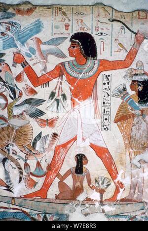 Fowling nelle paludi: dipinto dalla tomba di Nebamun, Tebe, Egitto, c1350 BC. Artista: sconosciuto Foto Stock