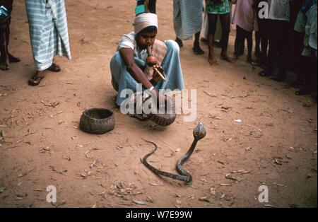 Il serpente incantatore con cobra, in Sri Lanka. Artista: sconosciuto Foto Stock