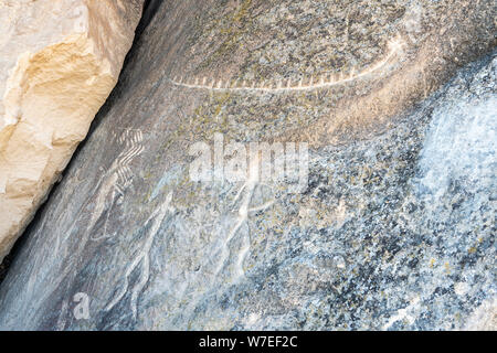 Antica petroglyph raffigurante antica nave e figure umane in Gobustan, Azerbaigian. Foto Stock