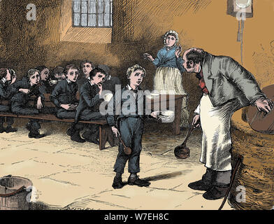 Scena di Oliver Twist di Charles Dickens, 1836. Artista: James Mahoney Foto Stock