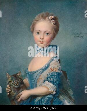 Una ragazza con un gattino, 1743, (1902). Artista: Jean-Baptiste Perronneau Foto Stock