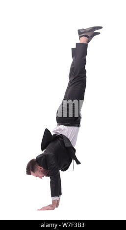 In piena crescita. Felice giovane impreditore dancing break dance Foto Stock